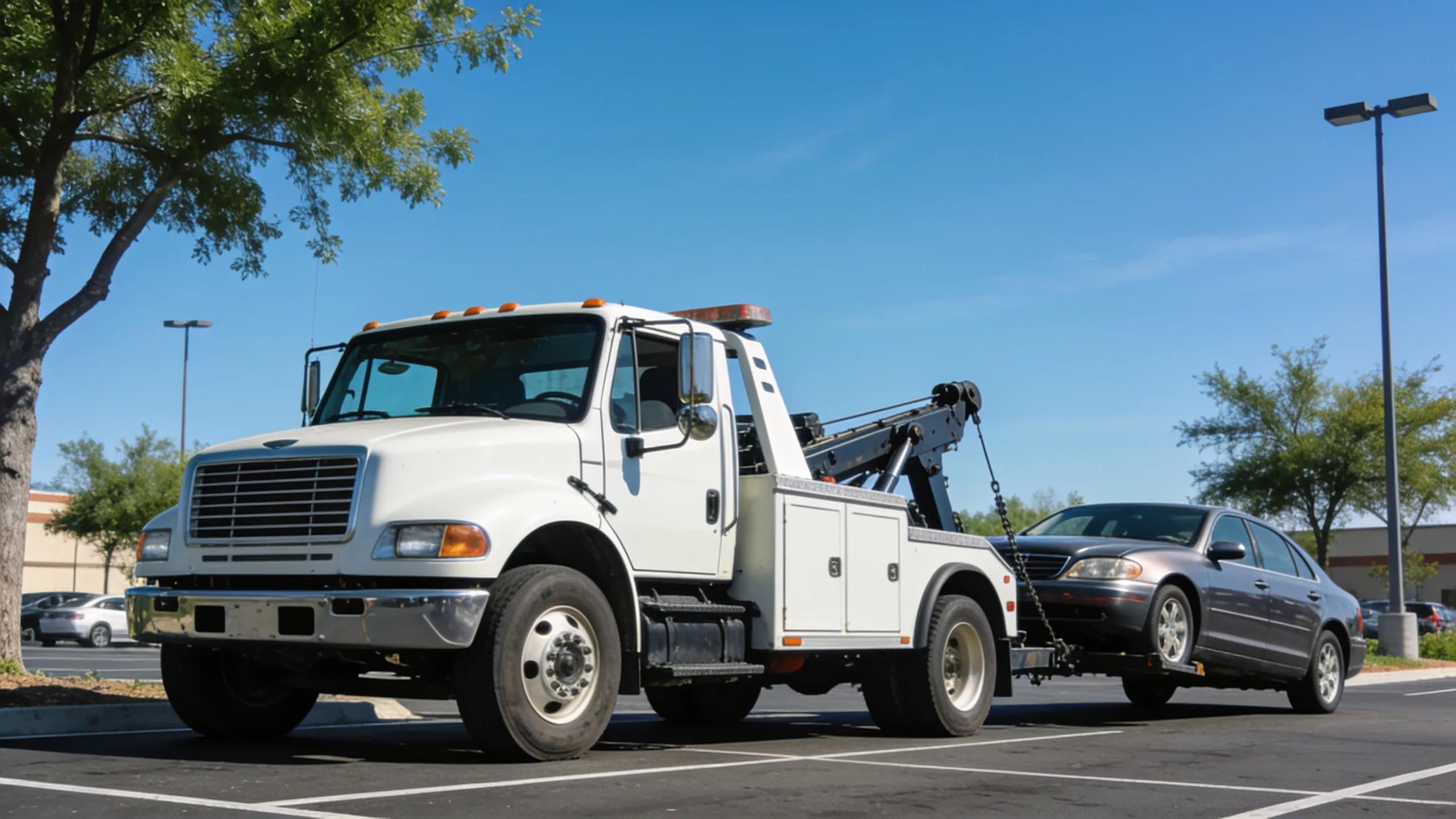 Tow truck towing unauthorized vehicle in a private parking lot, emphasizing towing services